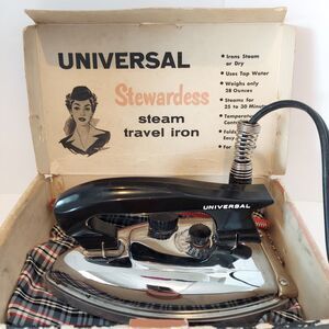 VTG Steam Travel Iron Model 1675 w/Box Bag WORKS Universal Stewardess Atomic 50s